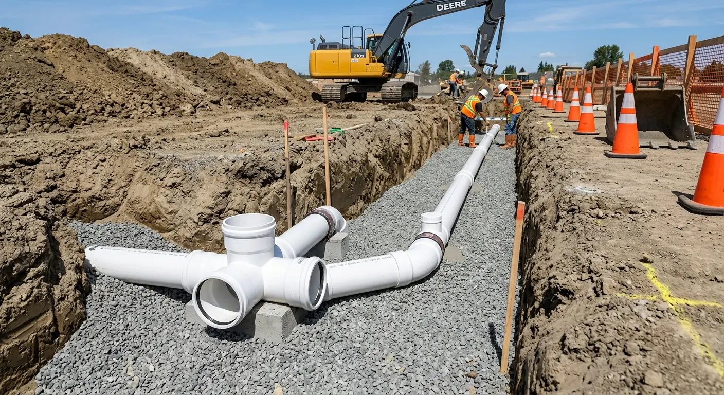 New PVC sewer pipe installation in open trench for Grease Trap Cleaning in Rushville