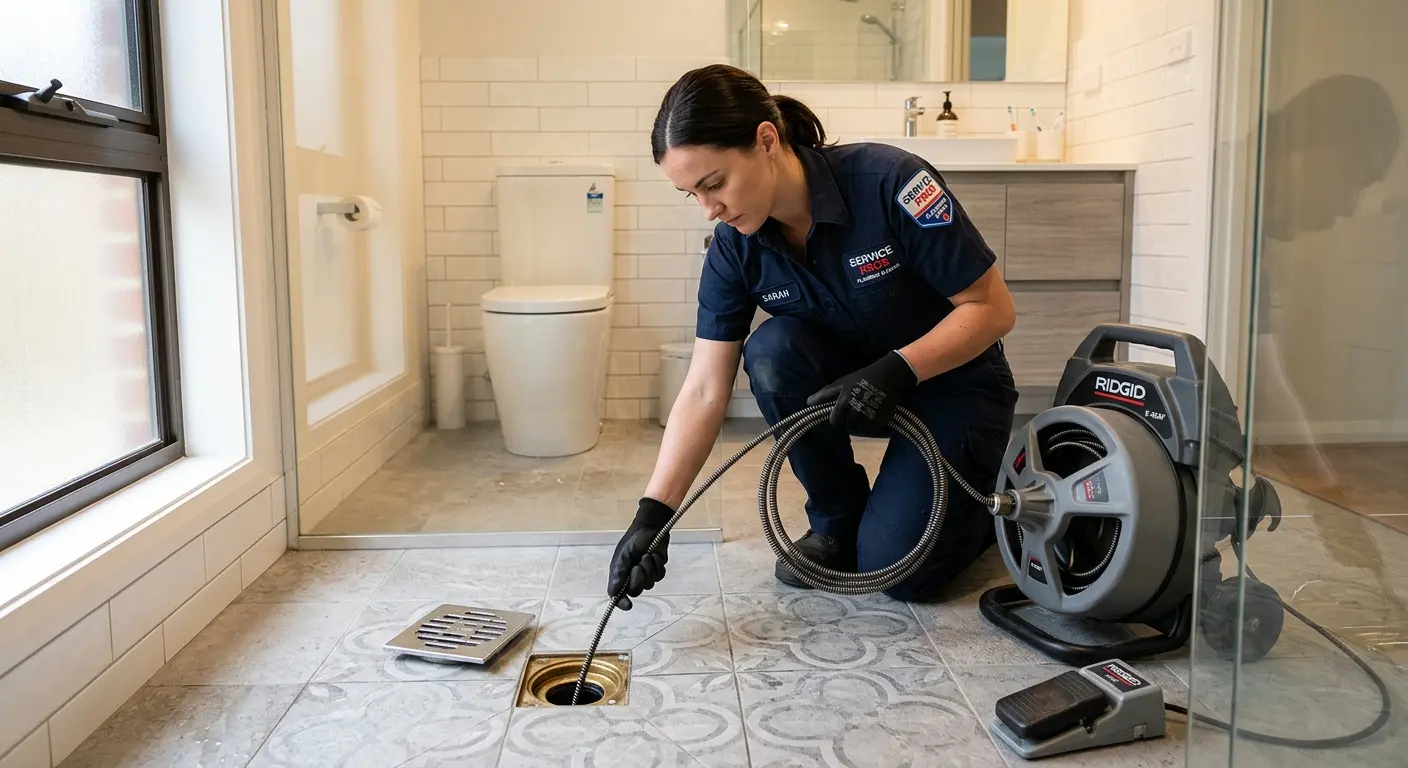 Technician clearing a bathroom floor drain for Drain Repair in Rushville